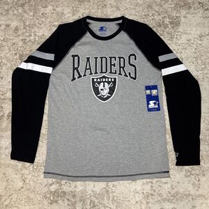 Starter Raiders Raglan T-Shirt NFL Football Long Sleeve Gray Black Size S‎